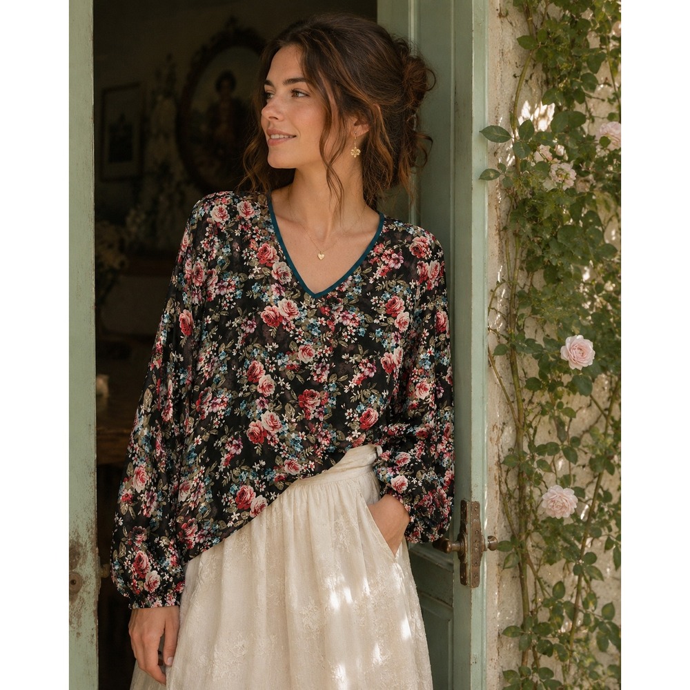 Eyelash Couture Floral Chiffon V-Neck Blouse Black Pink Rose Keyhole Back M